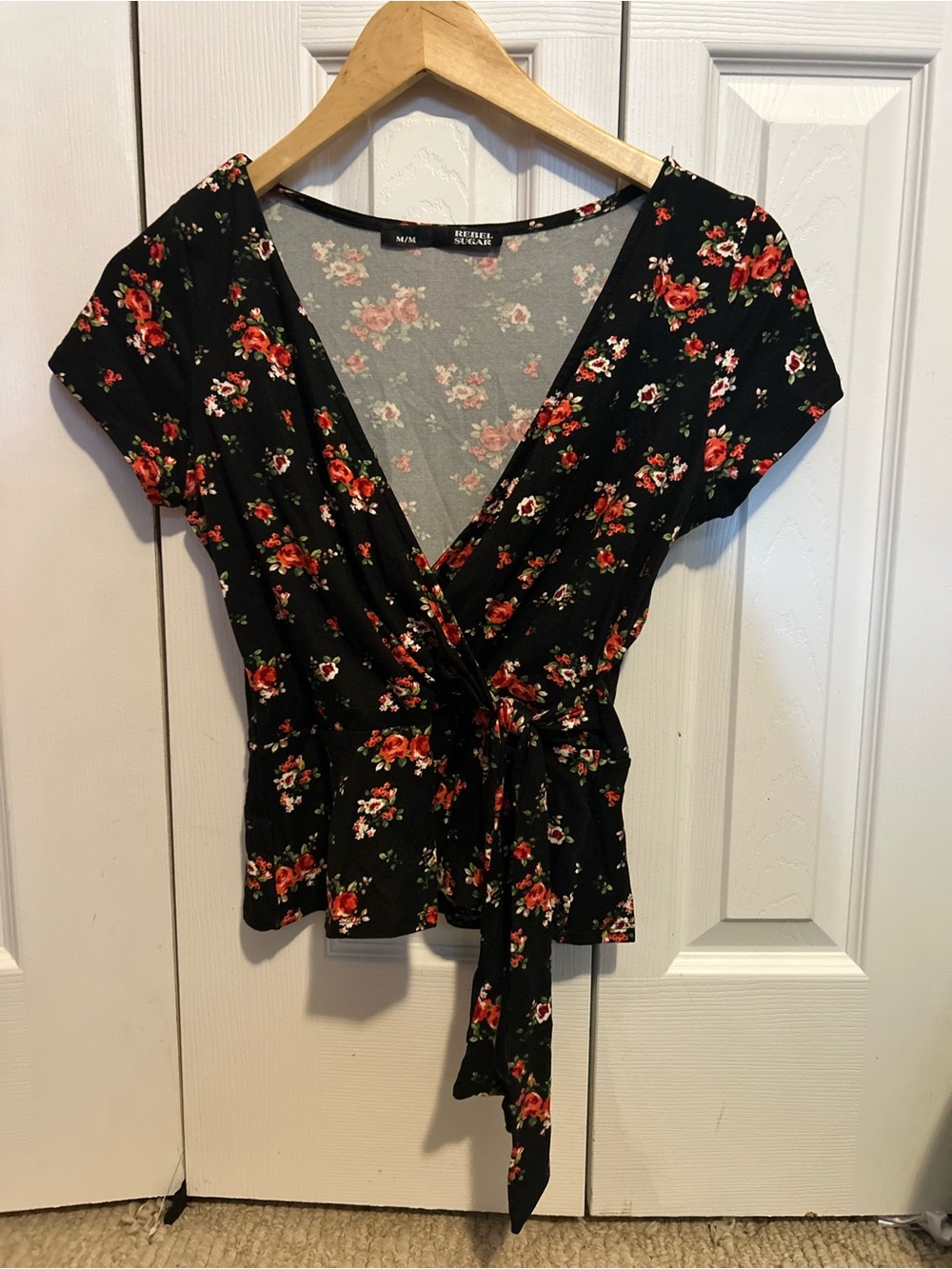 Rebel Sugar Black Floral Wrap Blouse with Red Accent